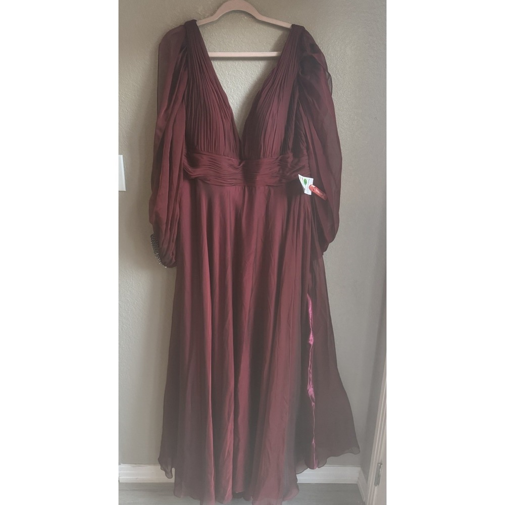 New Mac Duggal Garnet Mocha Red Chiffon Open Sleeve Formal Evening Gown Sweep 16 - Picture 3 of 7